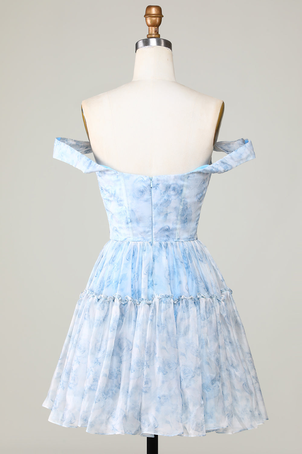 Cute A Line Off the Shoulder Blue Printed Short Cocktail Dress with Ruffles