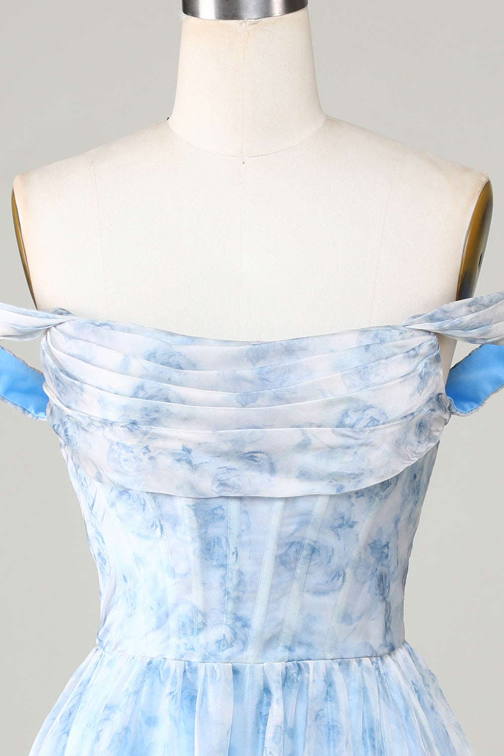 Cute A Line Off the Shoulder Blue Printed Short Cocktail Dress with Ruffles