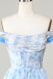 Cute A Line Off the Shoulder Blue Printed Short Cocktail Dress with Ruffles