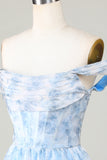 Cute A Line Off the Shoulder Blue Printed Short Cocktail Dress with Ruffles