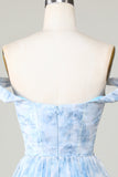Cute A Line Off the Shoulder Blue Printed Short Cocktail Dress with Ruffles