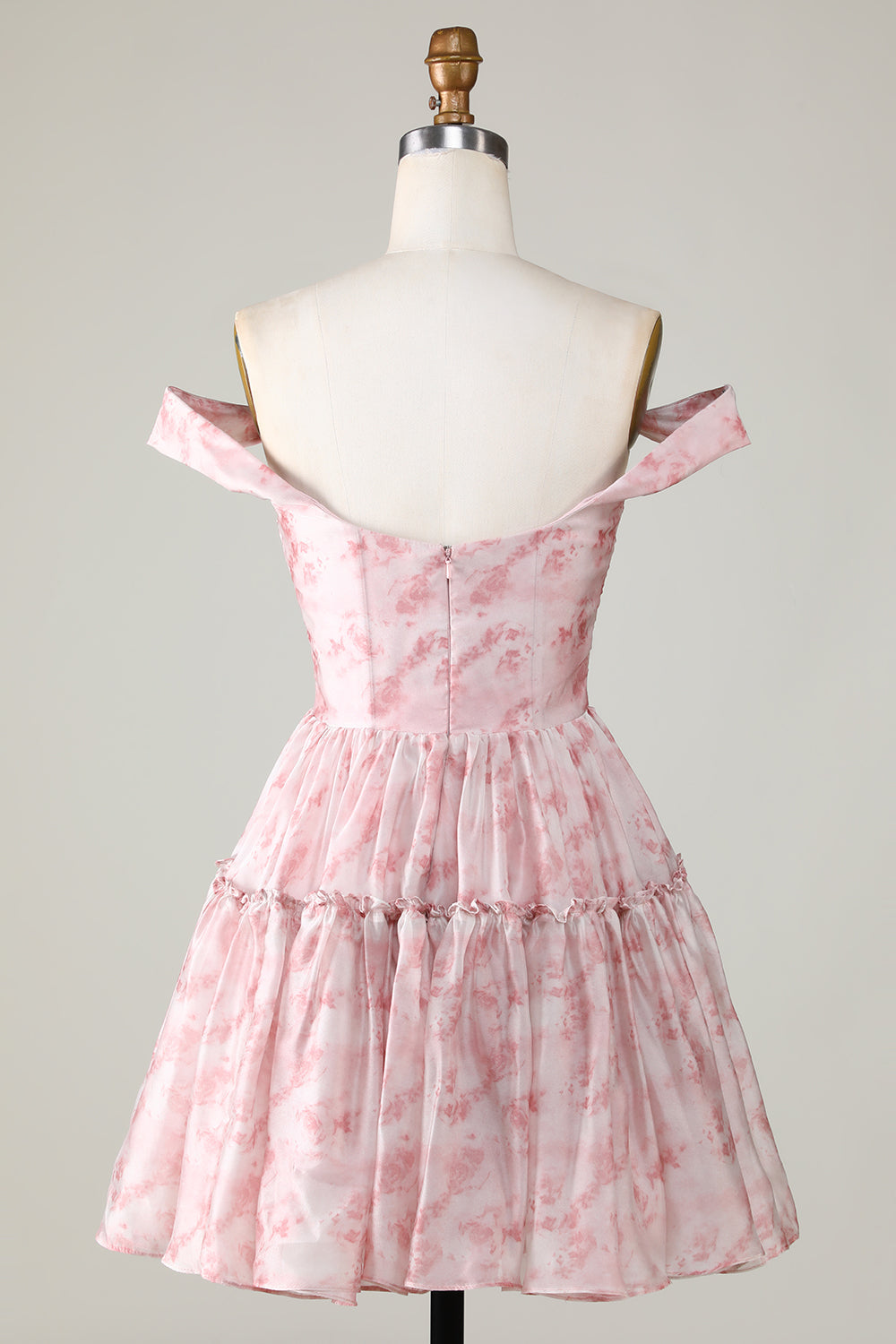 A Line Cute Blush Printed Short Cocktail Dress with Ruffles