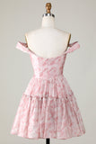 A Line Cute Blush Printed Short Cocktail Dress with Ruffles