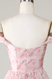 A Line Cute Blush Printed Short Cocktail Dress with Ruffles