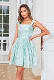 Cute A Line Off the Shoulder Blue Printed Short Cocktail Dress with Ruffles