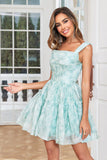 Cute A Line Off the Shoulder Blue Printed Short Cocktail Dress with Ruffles