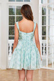 A Line Cute Blush Printed Short Cocktail Dress with Ruffles