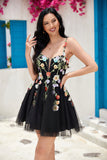Stylish A Line Spaghetti Straps Black Short Cocktail Dress with Appliques