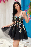 Stylish A Line Spaghetti Straps Black Short Cocktail Dress with Appliques