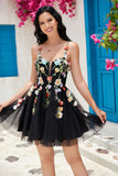 Stylish A Line Spaghetti Straps Black Short Cocktail Dress with Appliques