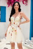 Stylish A Line Spaghetti Straps Champagne Short Cocktail Dress with Appliques
