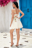 Stylish A Line Spaghetti Straps Black Short Cocktail Dress with Appliques