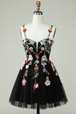 Spaghetti Straps Black A Line Sequin Flowers Cocktail Dress
