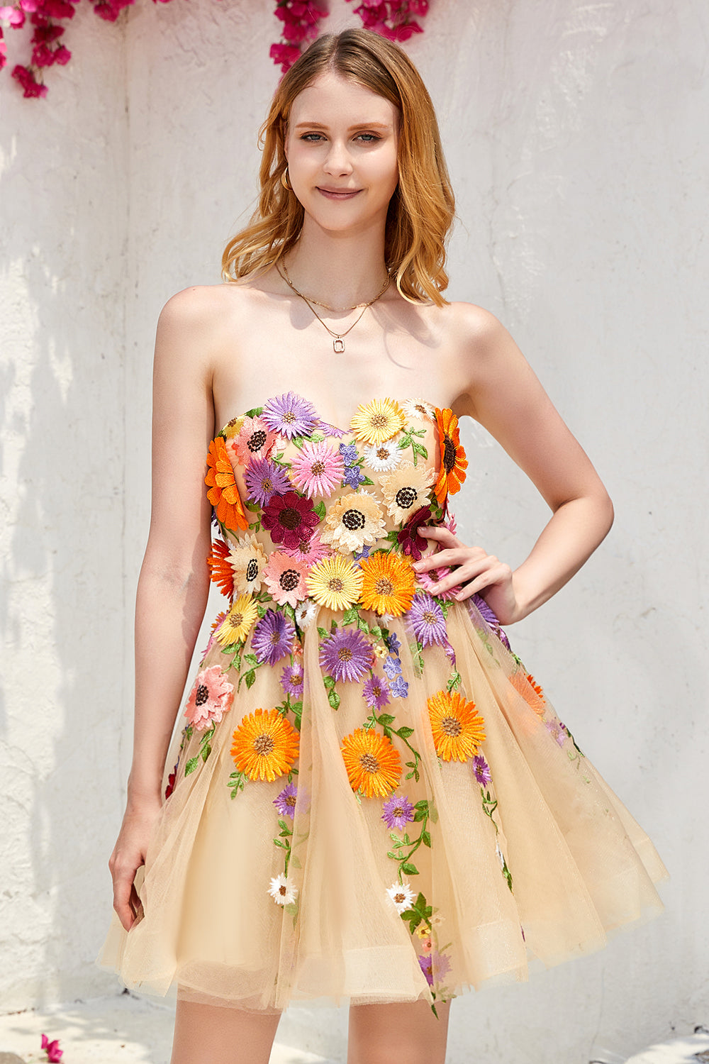 Champagne Strapless Short Ball Dress with 3D Flowers