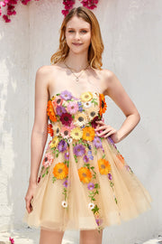 Champagne Strapless Short Ball Dress with 3D Flowers
