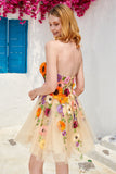 Champagne Strapless Short Ball Dress with 3D Flowers