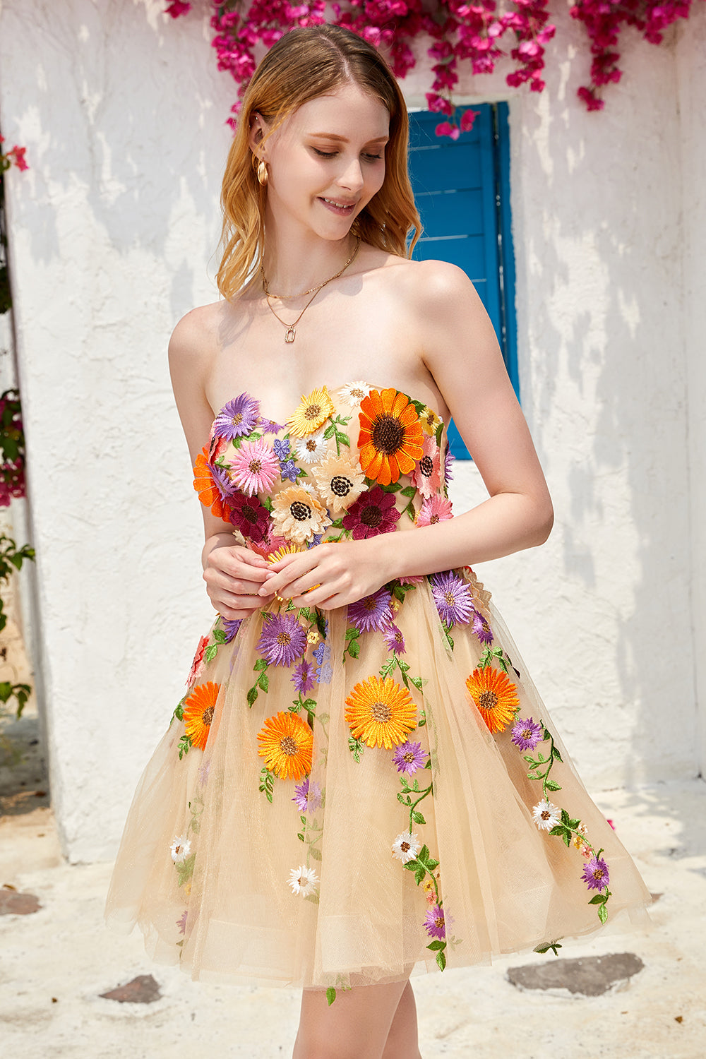 Champagne Strapless Short Ball Dress with 3D Flowers