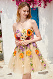 Champagne Strapless Short Ball Dress with 3D Flowers