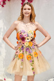 Champagne Strapless Short Ball Dress with 3D Flowers