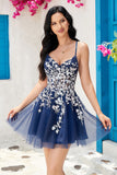 Stylish A Line Navy Spaghetti Straps Cocktail Dress With Criss Cross Back