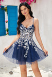 Stylish A Line Navy Spaghetti Straps Cocktail Dress With Criss Cross Back