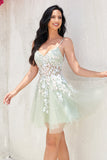 Stylish A Line Dusty Sage Spaghetti Straps Cocktail Dress With Criss Cross Back