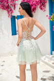 Stylish A Line Dusty Sage Spaghetti Straps Cocktail Dress With Criss Cross Back