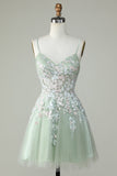 Dusty Sage Spaghetti Straps Cocktail Dress With Criss Cross Back