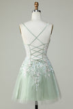 Dusty Sage Spaghetti Straps Cocktail Dress With Criss Cross Back