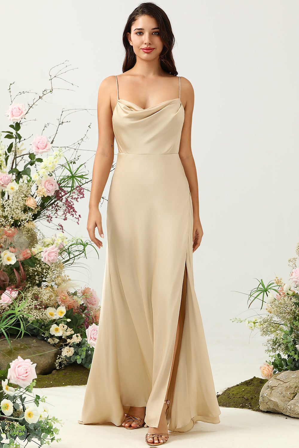 Spaghetti Straps Champagne Bridesmaid Dress with Slit