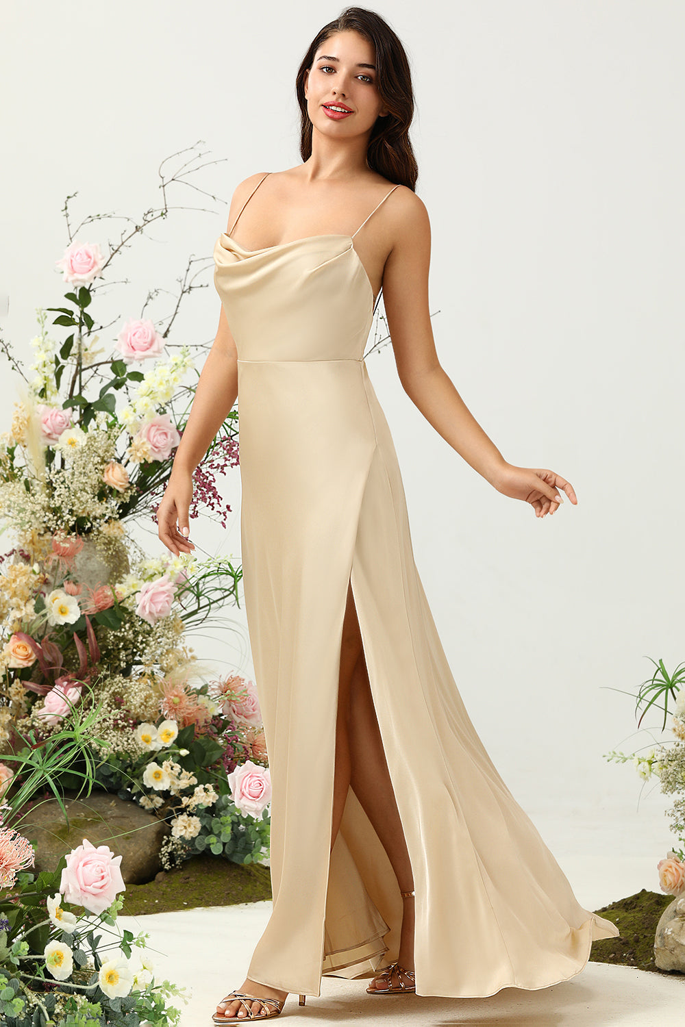 Spaghetti Straps Champagne Bridesmaid Dress with Slit