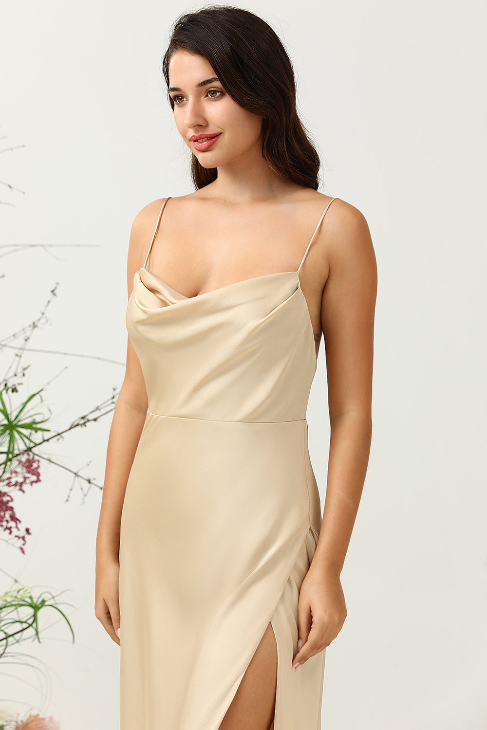 Spaghetti Straps Champagne Bridesmaid Dress with Slit