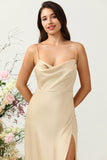 Spaghetti Straps Champagne Bridesmaid Dress with Slit