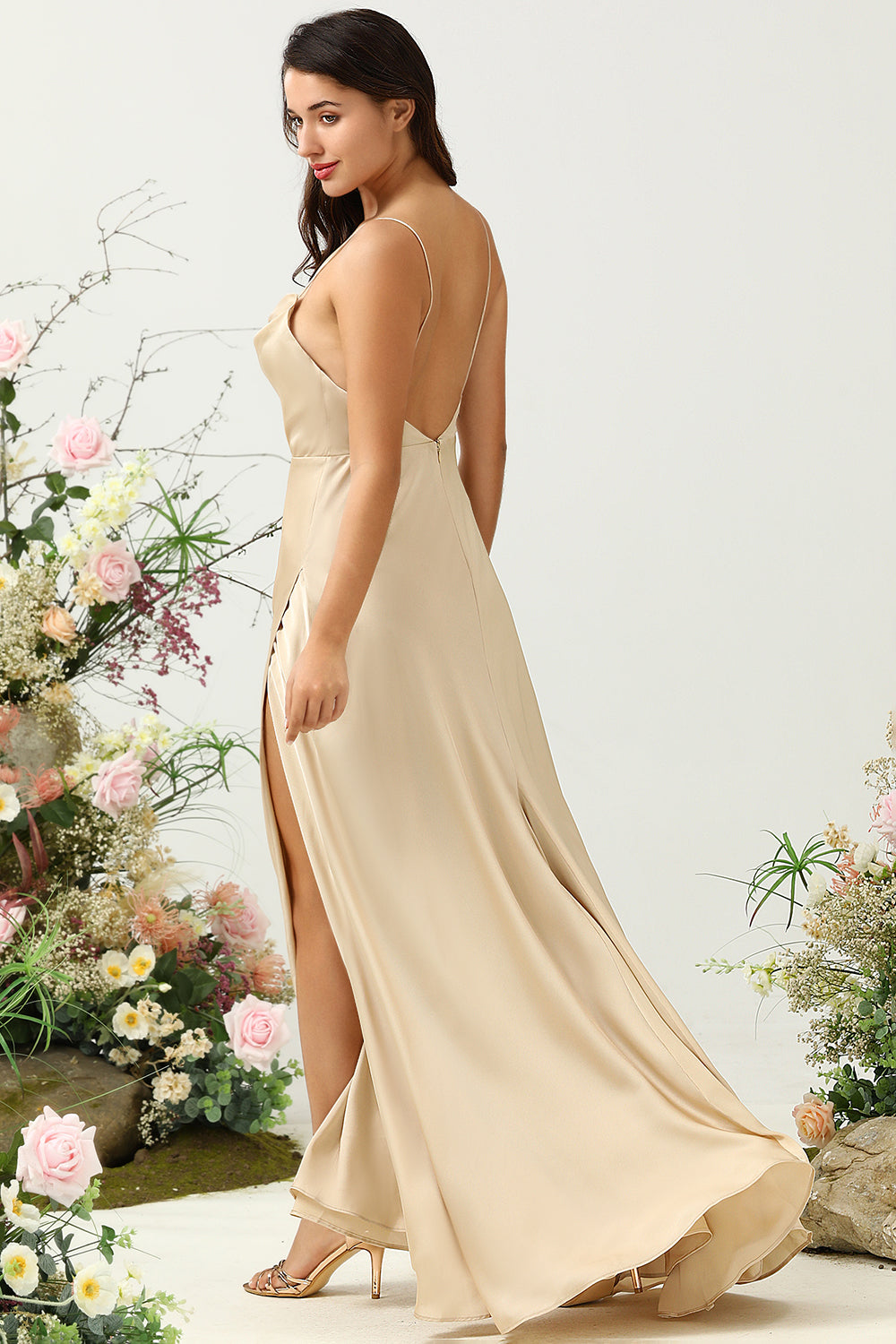 Spaghetti Straps Champagne Bridesmaid Dress with Slit