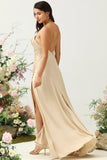 Spaghetti Straps Champagne Bridesmaid Dress with Slit