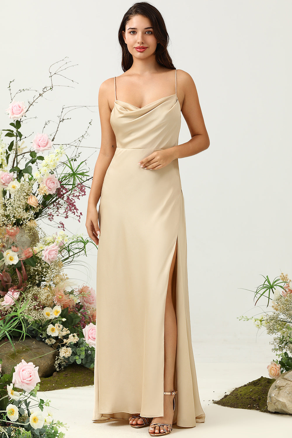 Spaghetti Straps Champagne Bridesmaid Dress with Slit