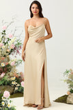 Spaghetti Straps Champagne Bridesmaid Dress with Slit