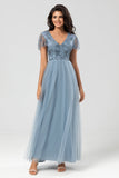 Grey Blue A Line V Neck Long Bridesmaid Dress with Beading