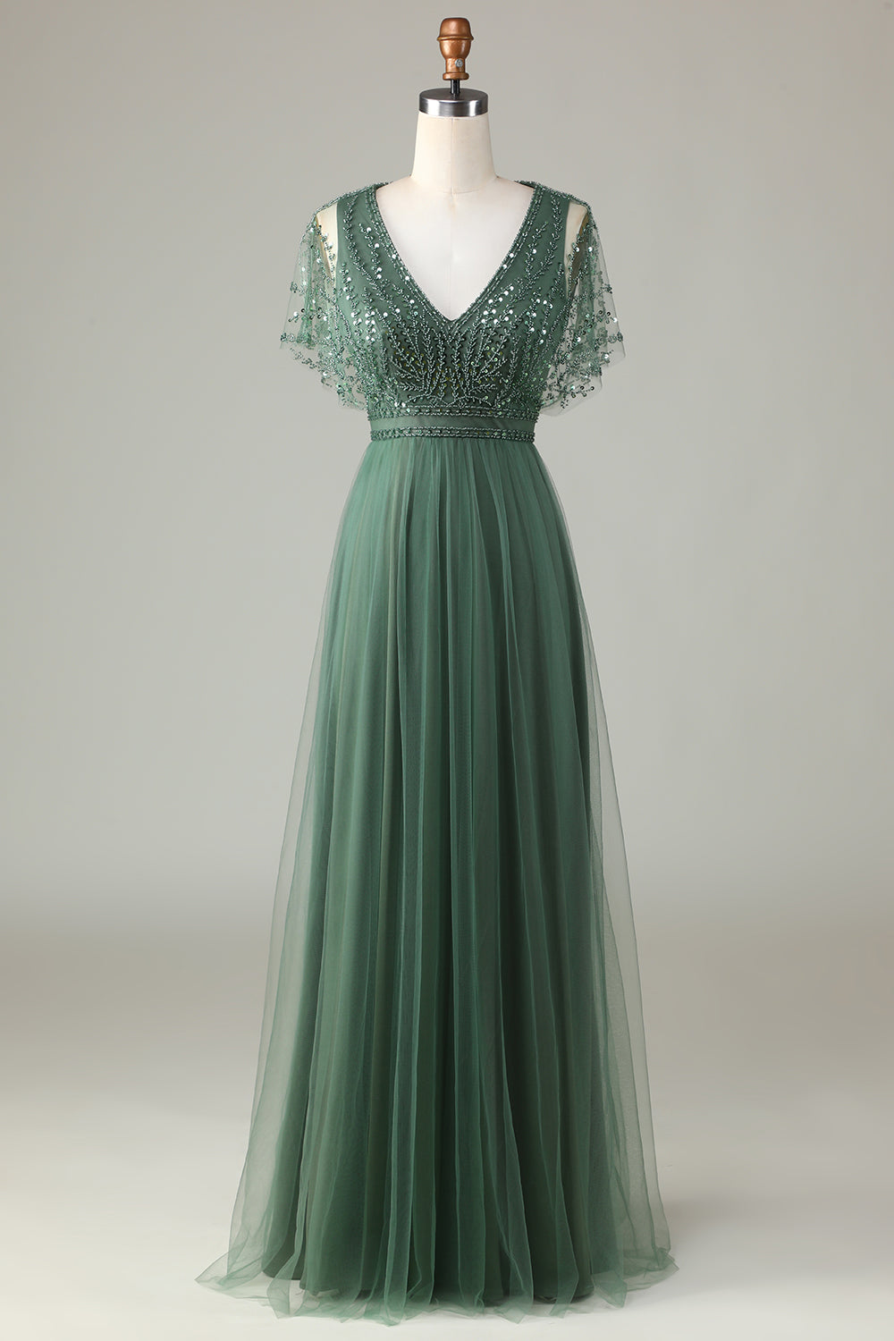 Eucalyptus A-Line V Neck Long Bridesmaid Dress with Beading