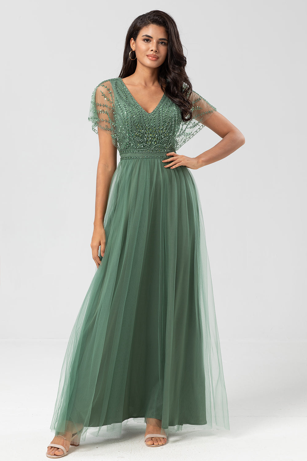 Eucalyptus A-Line V Neck Long Bridesmaid Dress with Beading