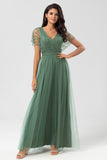 Eucalyptus A-Line V Neck Long Bridesmaid Dress with Beading