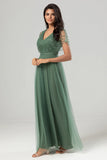 Eucalyptus A-Line V Neck Long Bridesmaid Dress with Beading