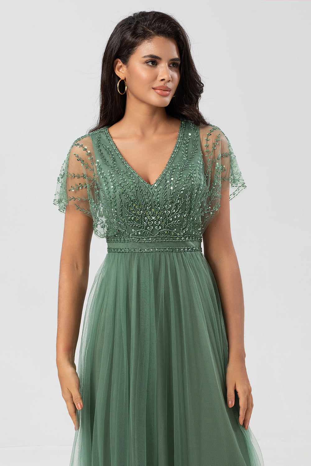 Eucalyptus A-Line V Neck Long Bridesmaid Dress with Beading