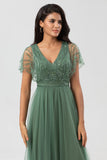 Eucalyptus A-Line V Neck Long Bridesmaid Dress with Beading