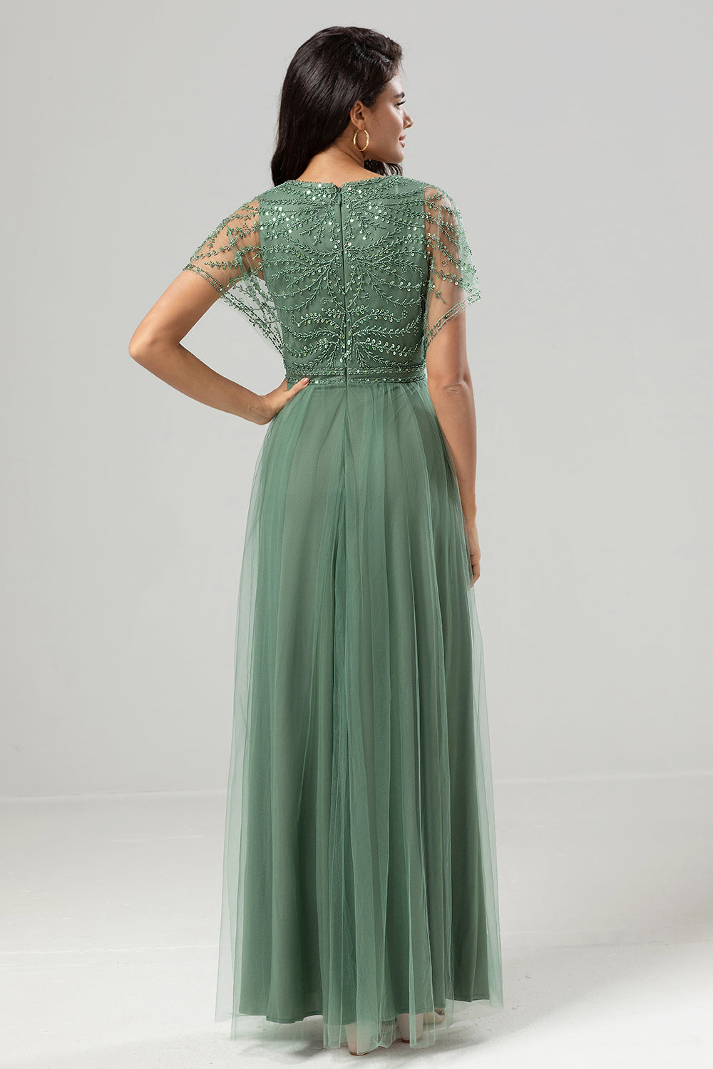 Eucalyptus A-Line V Neck Long Bridesmaid Dress with Beading