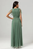 Eucalyptus A-Line V Neck Long Bridesmaid Dress with Beading