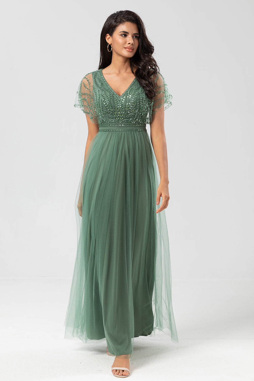Eucalyptus A-Line V Neck Long Bridesmaid Dress with Beading