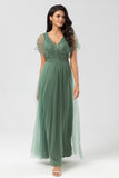 Eucalyptus A-Line V Neck Long Bridesmaid Dress with Beading
