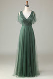 Eucalyptus A-Line V Neck Long Bridesmaid Dress with Beading