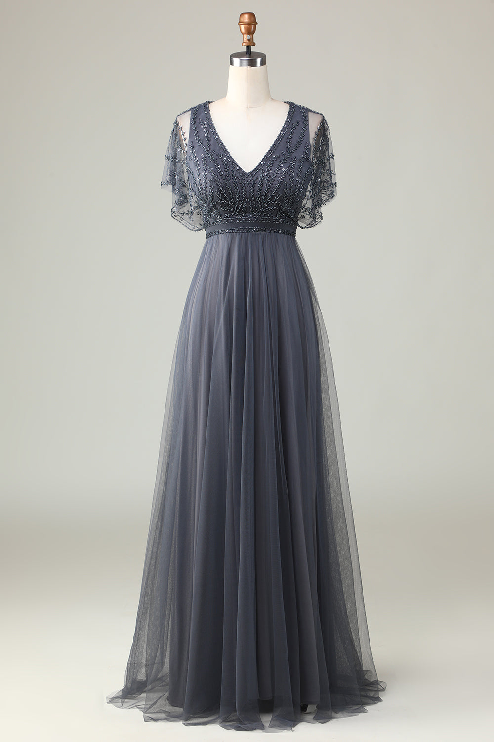 Eucalyptus A-Line V Neck Long Bridesmaid Dress with Beading